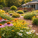 Sunny suburban garden with butterflies