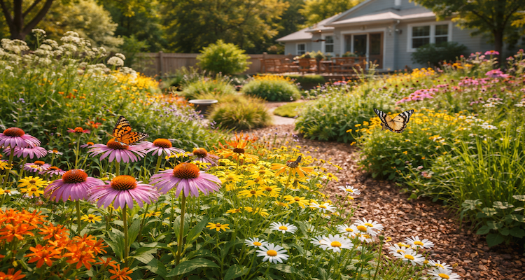 Sunny suburban garden with butterflies