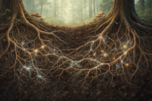 Illustration of mycorrhizal fungal networks connecting tree roots underground