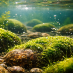Underwater rocks with algae and bubbles
