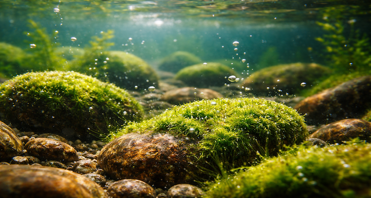 Underwater rocks with algae and bubbles
