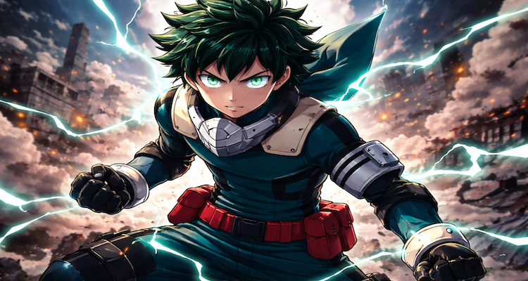 Deku sparks in a ruined city