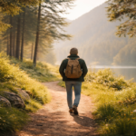 Forest path leading to misty lake