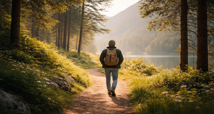 Forest path leading to misty lake