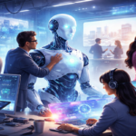 Futuristic workspace with AI collaboration