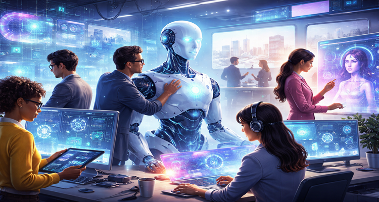 Futuristic workspace with AI collaboration