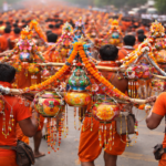 Kanwariyas carrying decorated kanwars during yatra