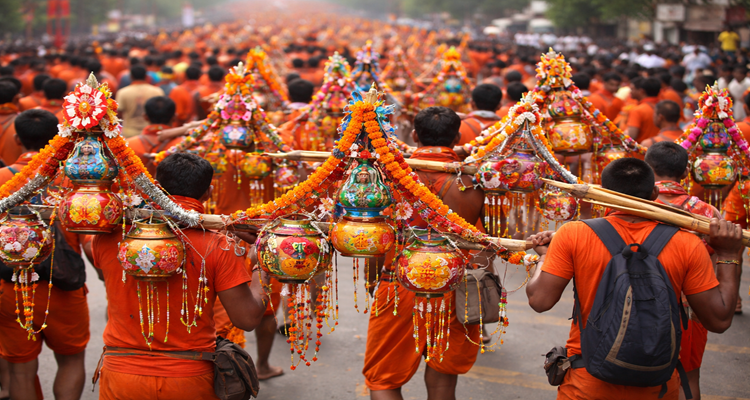 Kanwariyas carrying decorated kanwars during yatra