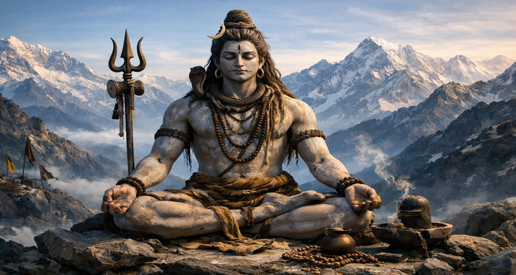 Shiva in meditation amidst the mountains