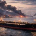 Tanker at twilight near coast fires