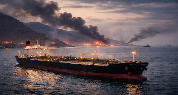 Tanker at twilight near coast fires