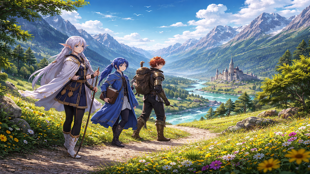 Adventurers journeying through a vibrant landscape