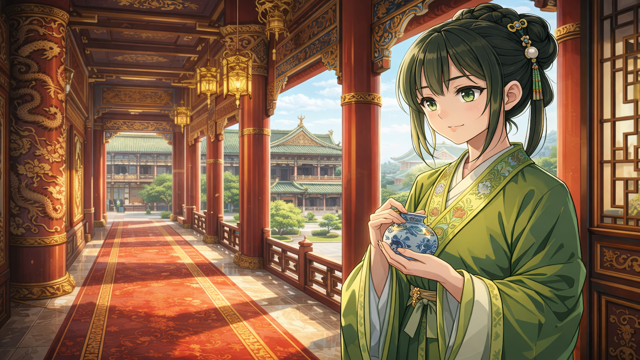 Contemplative moment in the palace corridor