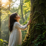 Girl in sunlit forest glade