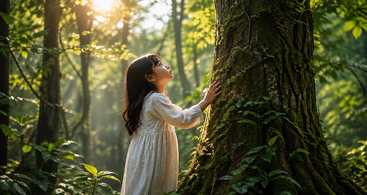 Girl in sunlit forest glade