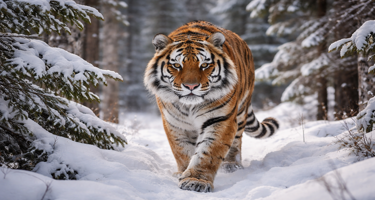 Majestic Amur tiger in snow forest