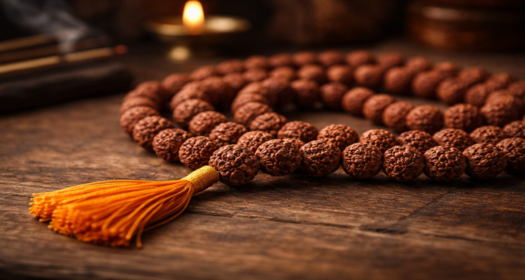 Rudraksha mala with saffron tassel