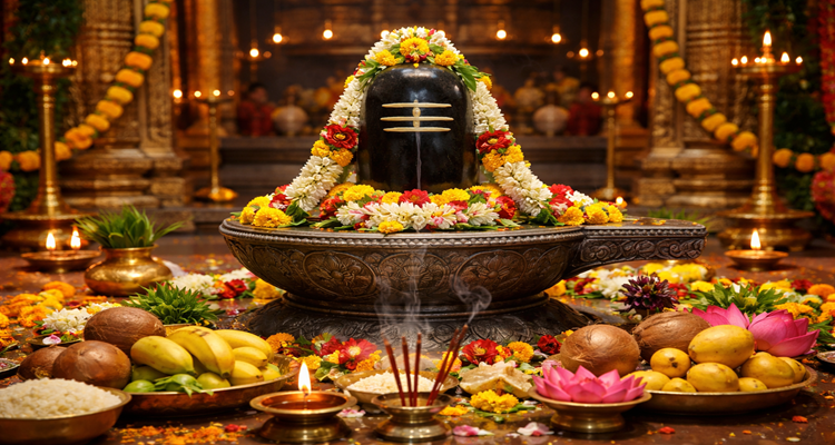Shiva Lingam with offerings in temple
