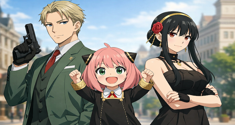 Spy x Family trio in cityscape