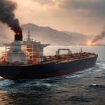 Tanker near fires and distant warships