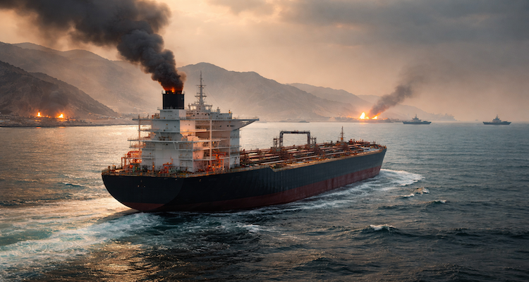 Tanker near fires and distant warships