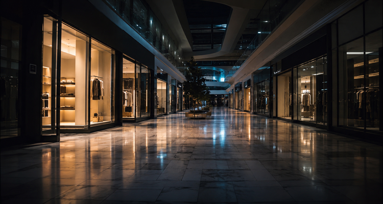 Empty mall corridor at night