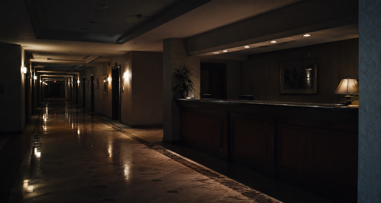 Quiet hotel lobby at night