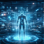 A futuristic human silhouette surrounded by glowing data streams and virtual city interfaces representing a digital twin system
