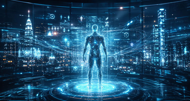 A futuristic human silhouette surrounded by glowing data streams and virtual city interfaces representing a digital twin system