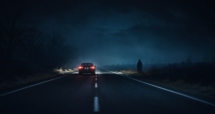 Lonely road and mysterious figure