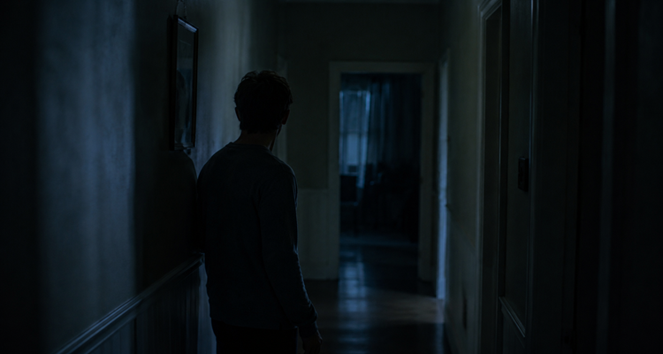 A person standing alone in a dimly lit hallway after hearing their name called from an empty room.
