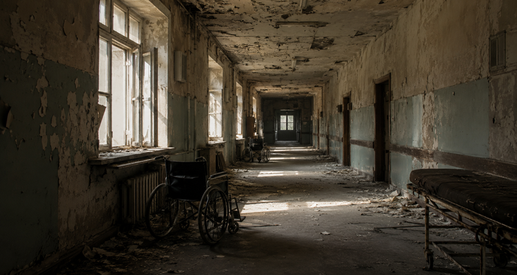 Abandoned hospital corridor in decay