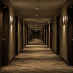 Empty hotel hallway with soft lighting