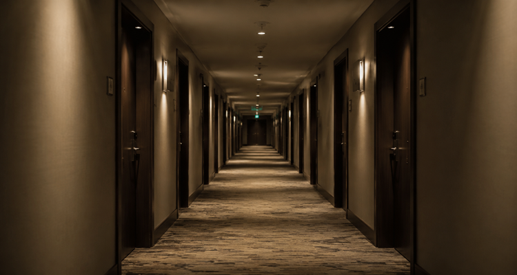 Empty hotel hallway with soft lighting
