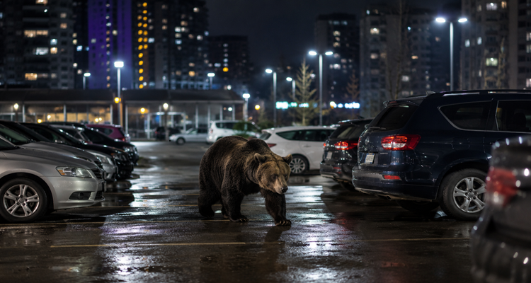 Bear strolls through urban parking lot