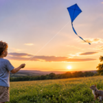 Child flying a kite at sunset