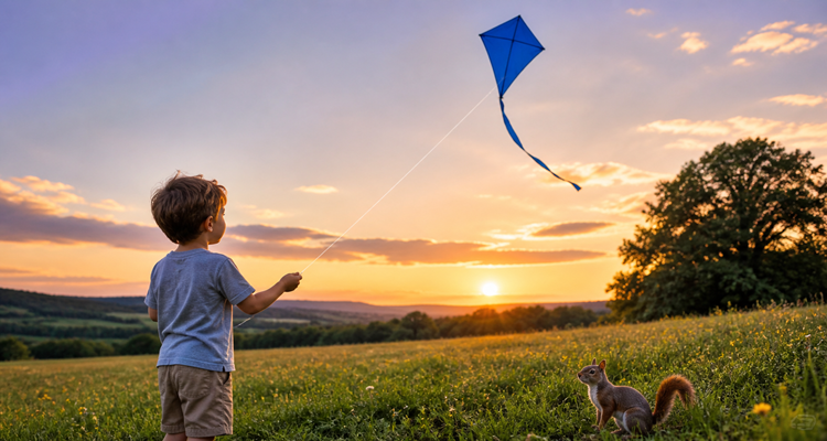 Child flying a kite at sunset