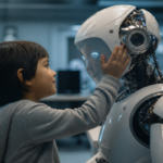 Child gently connects with robot in lab