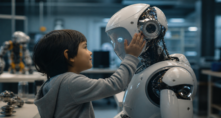 Child gently connects with robot in lab