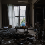 Cluttered urban apartment in dim light