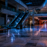 Empty mall atrium at night