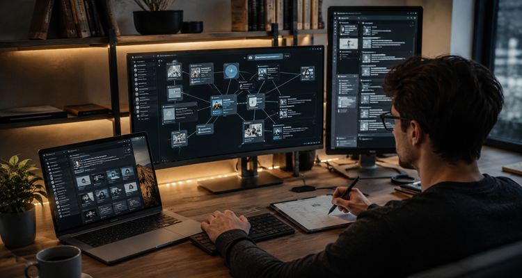 Focused workspace with dark interfaces