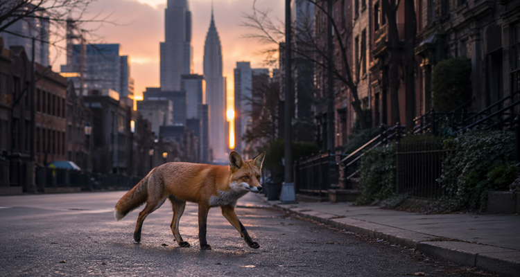 Fox crossing the quiet city street