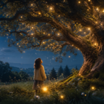 Lina listens to the whispering tree beneath the peaceful silver night sky