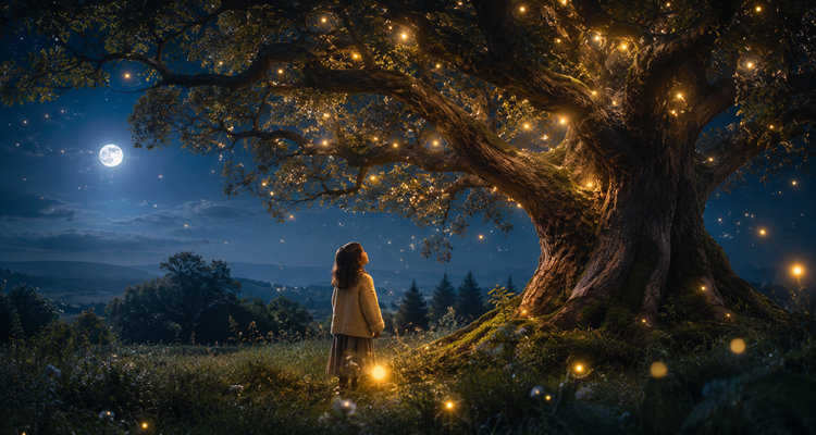 Lina listens to the whispering tree beneath the peaceful silver night sky