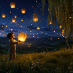 Milo watches magical floating lanterns drift across the quiet night meadow.