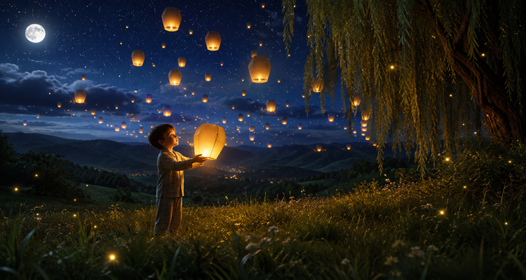 Milo watches magical floating lanterns drift across the quiet night meadow.