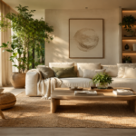 Sunlit minimalist living room with greenery