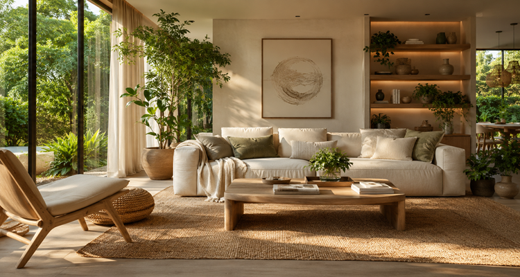 Sunlit minimalist living room with greenery