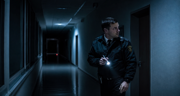 Security guard in a dim corridor